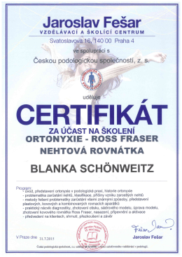 certifikát za účast na školení Ortonyxie – Ross Fraser nehtová rovnátka