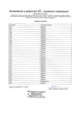 Rozhodnutí 0 přijetí do ZŠ — oznámení rozhodnutí