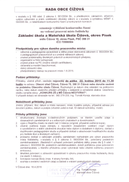 Vyhlášení konkursního řízení na ředitele/ku ZŠ a MŠ Čížová