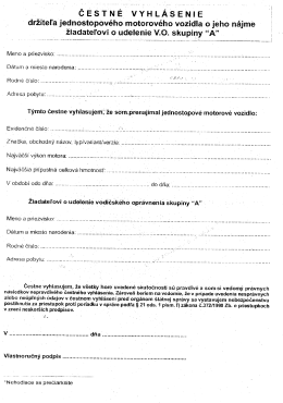 Čestn&eacute; vyhl&aacute;senie o n&aacute;jme vozidla kateg&oacute;rie A vo form&aacute;te