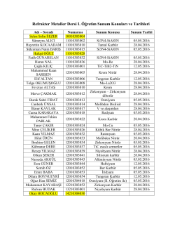 Refrakter Metaller Dersi I. Öğretim Sunum Konuları ve Tarihleri