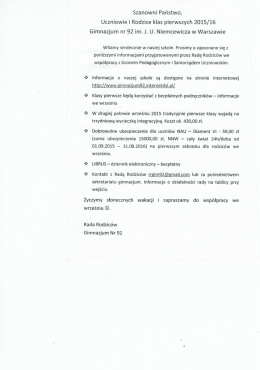 Szanowni Państwo, Uczniowie i Rodzice klas