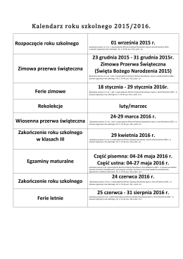 Kalendarz roku szkolnego 2015/2016.
