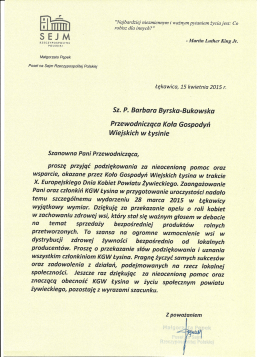 podziękowanie - Koło Gospodyń Wiejskich w Łysinie