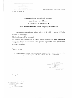 Ocena cząstkowa jakości pobranej wody w ZUW