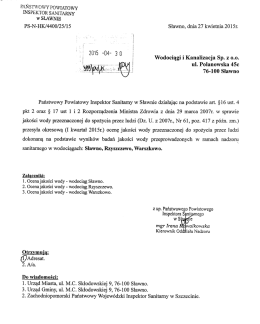 Ocena Jakości wody w miejscowościach Sławno, Warszkowo