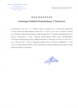 Taryfy opłat za dostarczoną wodę i odbiór ścieków obowiązujące od