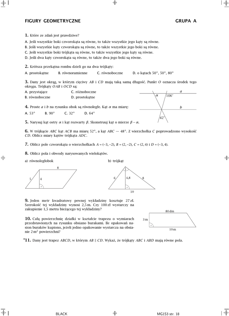 Sprawdzian Z Matematyki Geometria Płaska Liceum - Mądry