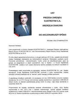 List Prezesa Zarządu ELEKTROTIM S.A. do Akcjonariuszy