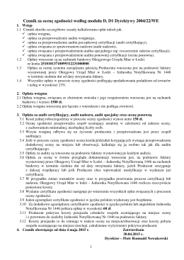 Cennik za ocenę zgodności według modułu D, D1 Dyrektywy 2004