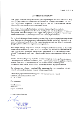 Gdańsk, 03.02.2014 LIST REKOMENDACYJNY Pani Margot