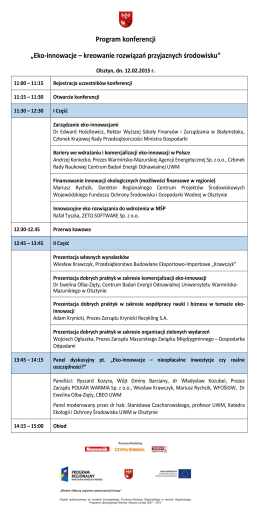 Program konferencji Eko Innowacje  - Warmińsko