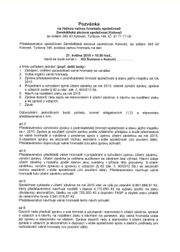 Pozvánka na řádnou valnou hromadu společnosti 21.5.2016 v KD