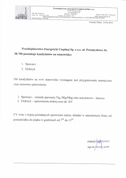 Ogłoszenie - Przedsiębiorstwo Energetyki Cieplnej Sp. z oo Ustrzyki