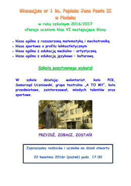 Plakat reklamowy dotyczący oferty edukacyjnej Gimnazjum nr 1 w