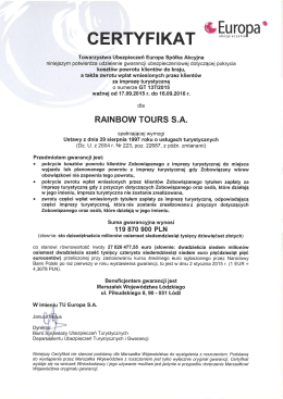 Certyfikat - Biuro podr&oacute;ży Rainbow