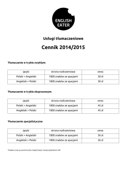 Usługi tłumaczeniowe Cennik 2014/2015
