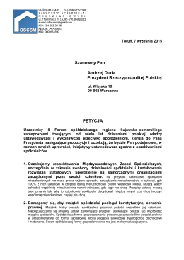 petycji do Prezydenta Rzeczpospolitej Polskiej Andrzeja Dudy