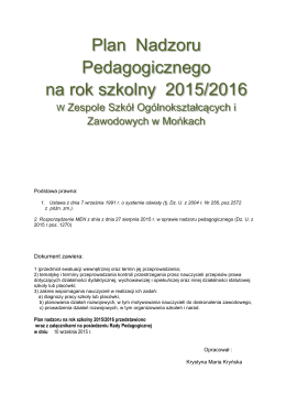 Plan Nadzoru Pedagogicznego na rok szkolny 2015/2016