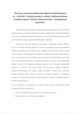 Recenzja rozprawy doktorskiej Olgi Anny Barbasiewicz pt. &bdquo;Pomniki