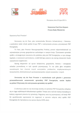 Warszawa, dnia 20 lipca 2015 r. Szanowna Pani Ewa Kopacz