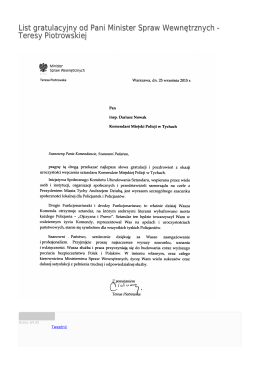 List gratulacyjny od Pani Minister Spraw Wewnętrznych
