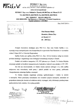 Pismo Związki Zawodowe do Urzędu Miasta w Żarach