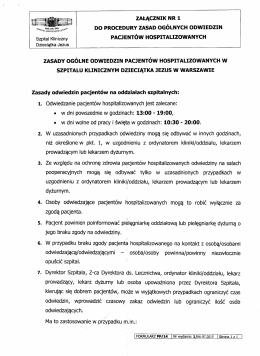 Zasady og&oacute;lne odwiedzin pacjent&oacute;w hospitalizowanych w Szpitalu