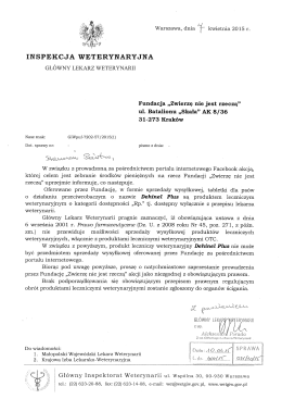 Pismo Zastępcy Głównego Lekarza Weterynarii Aleksandry Porady