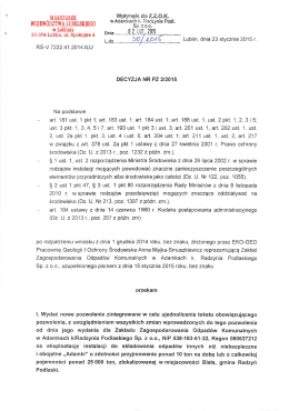 Pozwolenie zintegrowane - Decyzja Nr PZ 2/2015