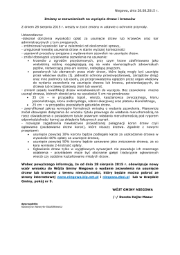 Niegowa, dnia 28.08.2015 r. Zmiany w zezwoleniach na wycięcie