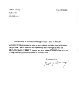 Sprostowanie do oświadczenia majątkowego z dnia 15.09.2014 W