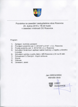 Zasedání zastupitelstva 25. dubna 2016 v 18.00 hod