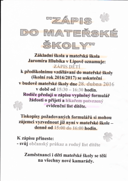 Zápis dětí do Mateřské školy Lipov pro školní rok 2016/2017 dne