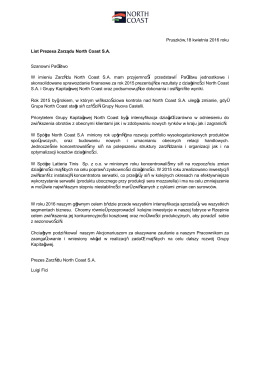 Pruszków,18 kwietnia 2016 roku List Prezesa Zarządu