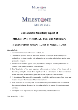 Consolidated Quarterly report of MILESTONE MEDICAL, INC. and