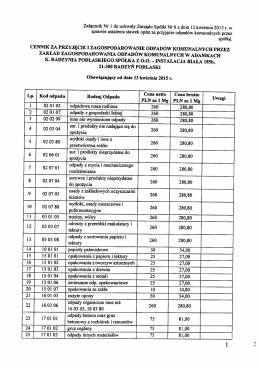cENNiK zA PRzYJĘciE 1 zAGosPoDARowANIE oDPAD&oacute;w