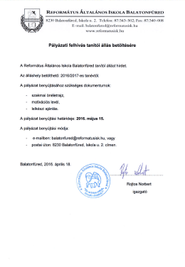 Álláshirdetés - Református Általános Iskola