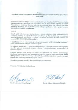 Wniosek o zwołanie walnego zgromadzenia wraz z informacją o