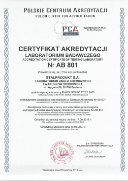 Certyfikat Akredytacji Laboratorium Badawczego