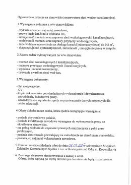 Ogłoszenie o naborze na stanowisko konserwatora sieci wodno