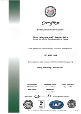 Niniejszy certyfikat został przyznany