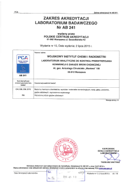 Zakres akredytacji PCA - Wojskowy Instytut Chemii i Radiometrii