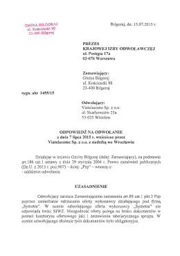 Odpowiedź na odwołanie z dnia 7 lipca 2015 r. wniesione przez