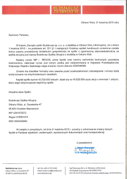 Odrano Wola, 01 kwietnia 2015 roku Szanowni Państwo,