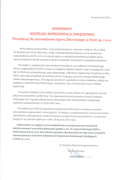 KOMUNIKAT WSPÓLNEJ REPREZENTACJI ZWIĄZKOWEJ