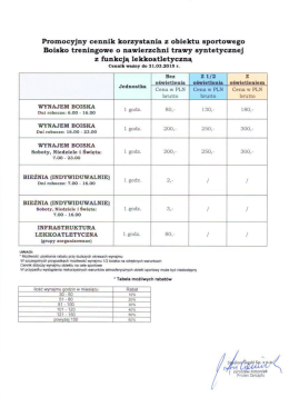 Promocyjny cennik korzystania z obiektu sportowego Boisko