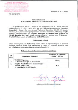 Ogłoszenie o wyborze oferty - Miejskie Przedsiębiorstwo