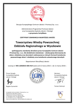 Certyfikat 2015 - Towarzystwo Wiedzy Powszechnej w Wyszkowie