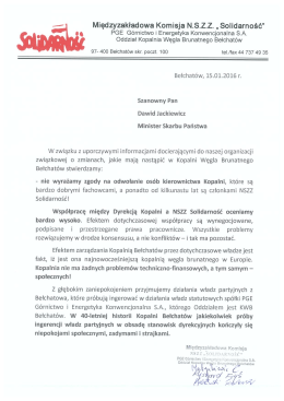czytaj pismo... - NSZZ Solidarność KWB Bełchat&oacute;w